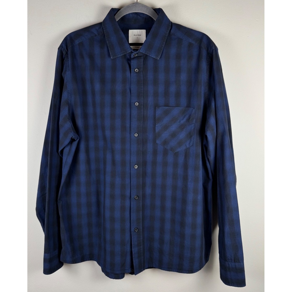 Billy Reid Mens Navy Blue Black Shadow Plaid Cotton‎ Standard Fit Shirt Large